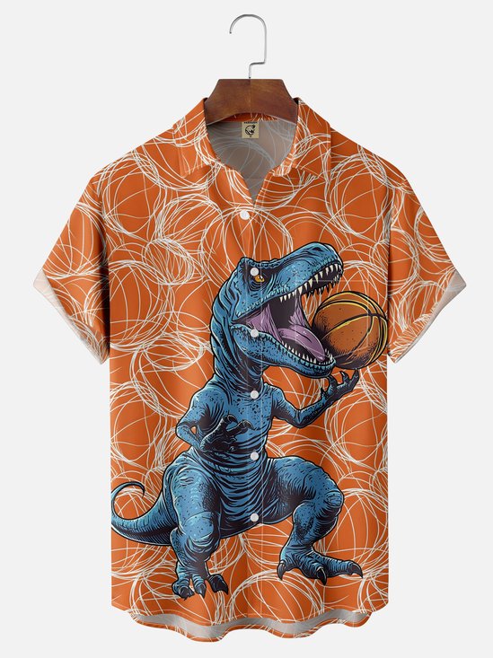 Moisture-wicking Dinosaurs Playing Basketball Chest Pocket Hawaiian Shirt