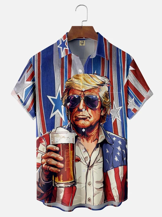 Moisture-wicking Trump American Flag Art Independence Day Chest Pocket Casual Shirt