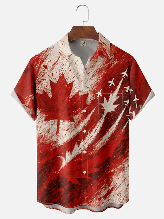 Moisture-wicking Canadian Flag Maple Leaf Airplane Art Chest Pocket Casual Shirt