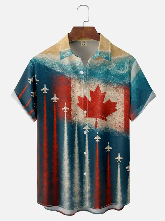 Moisture-wicking Canadian Flag Beach Airplane Art Chest Pocket Casual Shirt