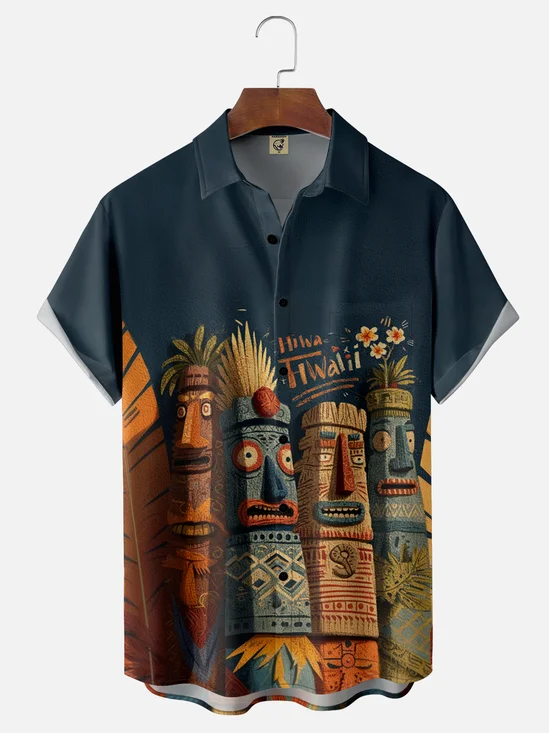 Moisture-wicking Tiki Chest Pocket Hawaiian Shirt