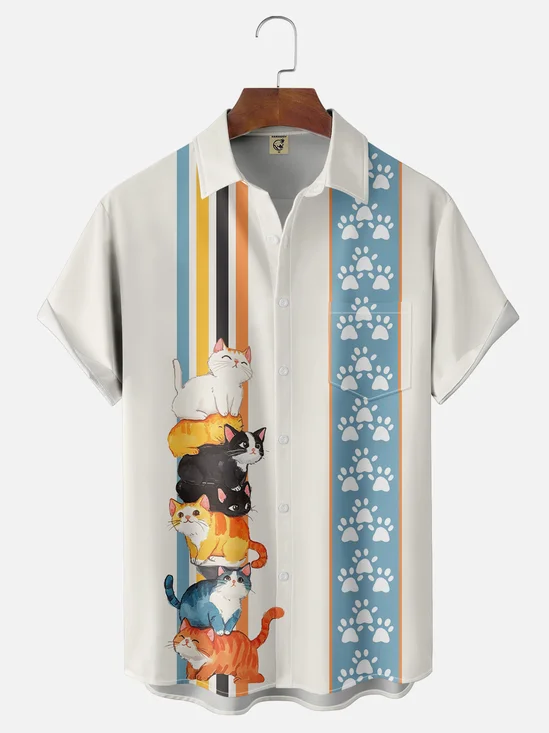 Moisture-wicking Breathable Cats Chest Pocket Bowling Shirt