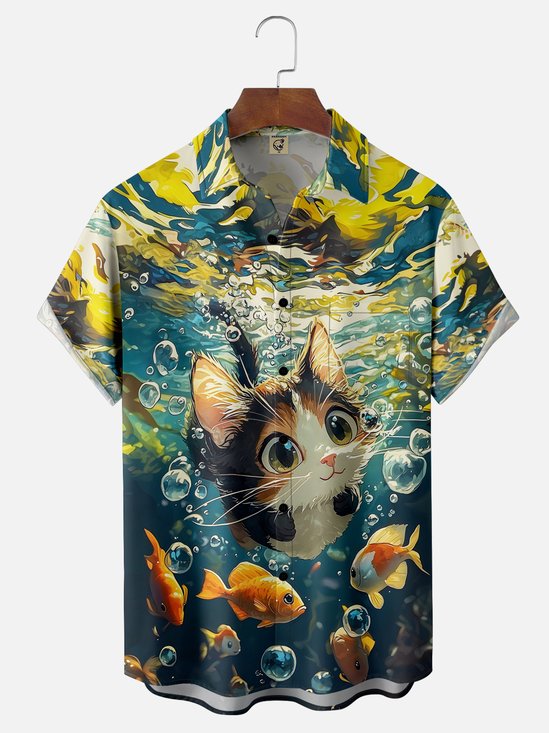 Moisture-wicking Cat and Fishes Chest Pocket Hawaiian Shirt