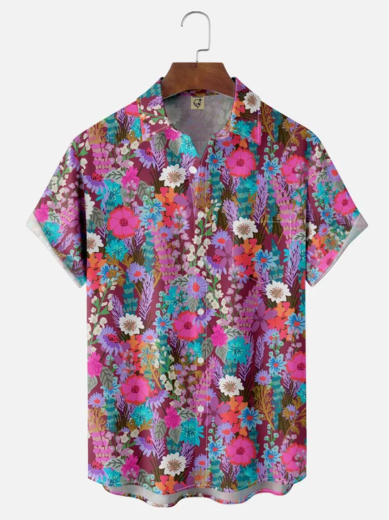 Moisture-wicking Floral Chest Pocket Hawaiian Shirt