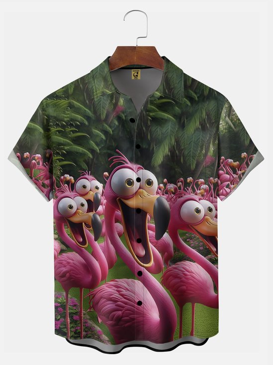 Big Size Moisture-wicking Flamingo Funny Shock Art Chest Pocket Hawaiian Shirt