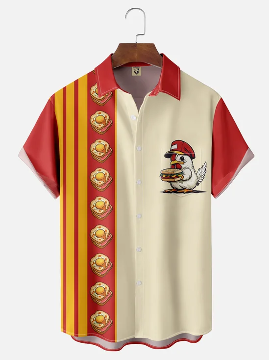 Moisture-wicking Sandwich Hamburger Fast Food Chicken Chest Pocket Bowling Shirt