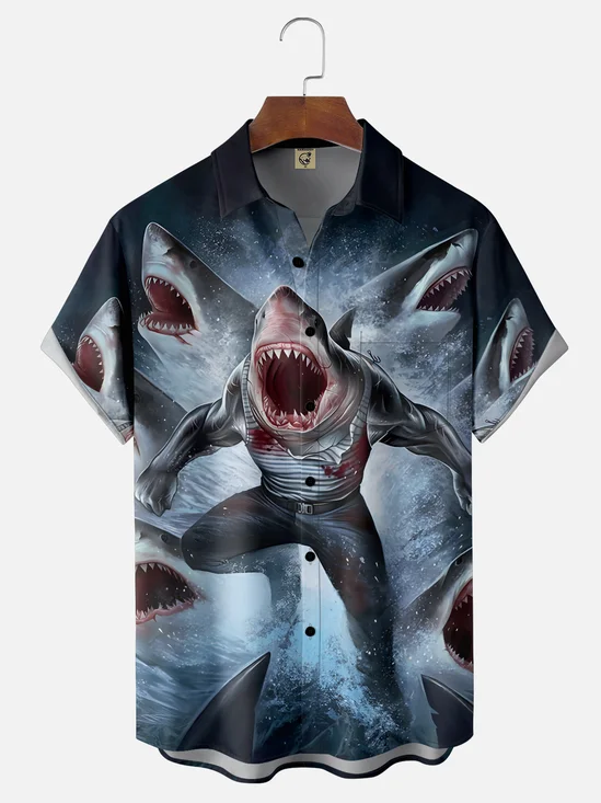 Moisture-wicking Shark Wave Ocean Chest Pocket Casual Shirt
