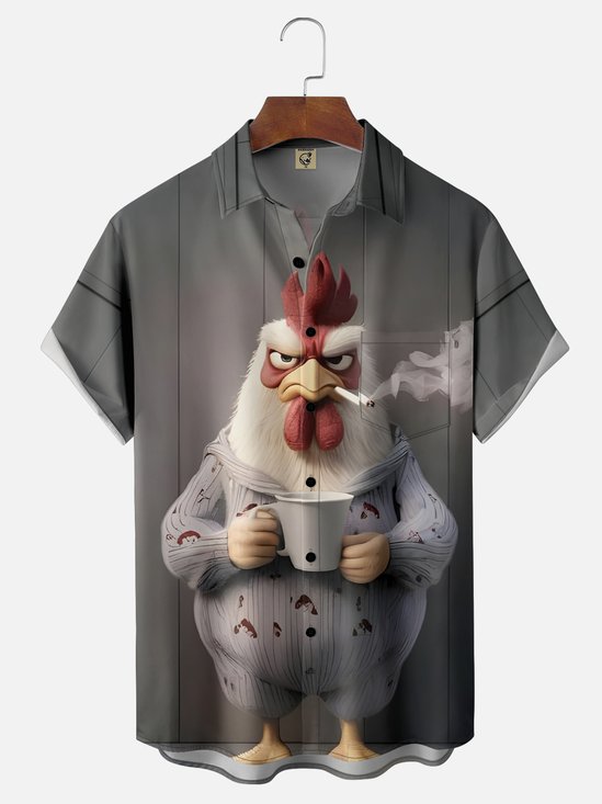 Moisture-wicking Coffee Smoking Chicken Chest Pocket Hawaiian Shirt