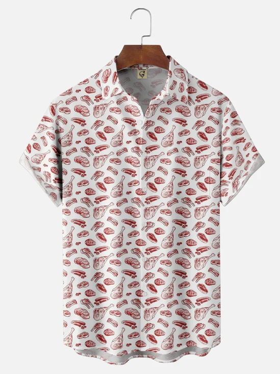 Moisture-wicking BBQ Meat Print Fun Chest Pocket Hawaiian Shirt