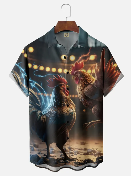 Moisture-wicking Rooster Duel Funny Chest Pocket Casual Shirt