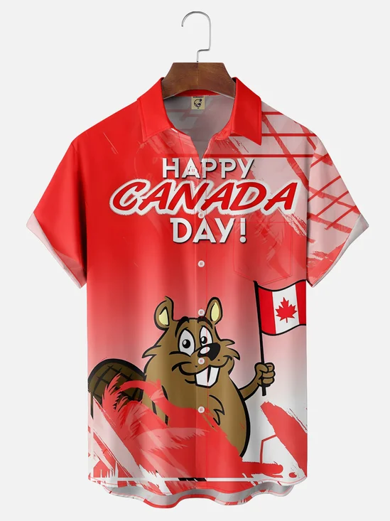 Moisture-wicking Canada Day Beaver Maple Leaf Flag Chest Pocket Casual Shirt