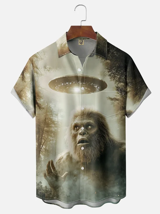 Moisture Wicking UFO Bigfoot Chest Pocket Hawaiian Shirt