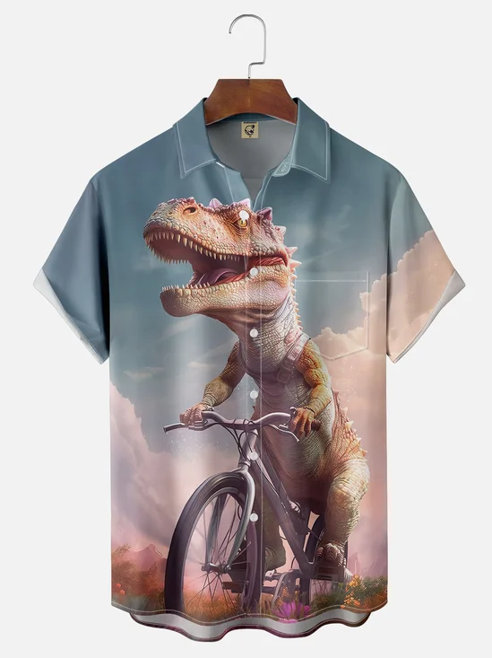Moisture-wicking Dinosaur Bicycle Fun Chest Pocket Casual Shirt