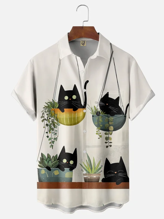 Moisture-wicking Cat Potted Plants Chest Pocket Hawaiian Shirt