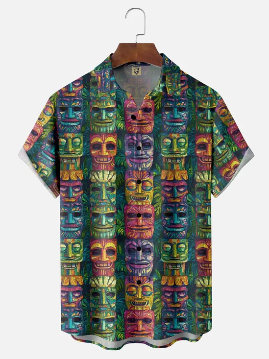 Moisture-wicking Tiki Chest Pocket Hawaiian Shirt