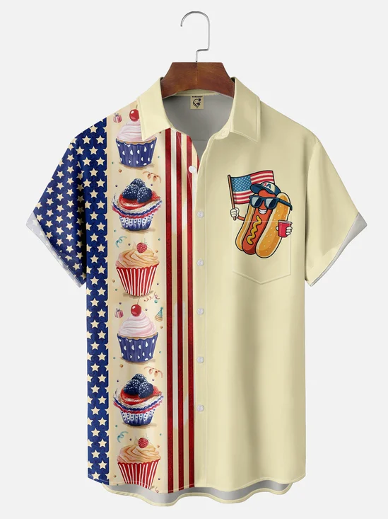 Moisture-wicking Independence Day American Flag Hot Dog Cake Chest Pocket Bowling Shirt
