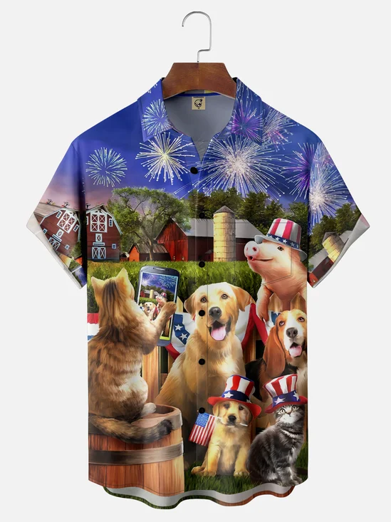 Moisture-wicking Independence Day American Flag Animals Fireworks Chest Pocket Casual Shirt