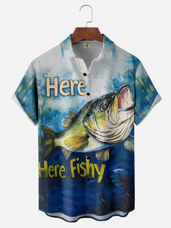 Moisture-wicking Here Fishy Chest Pocket Hawaiian Shirt