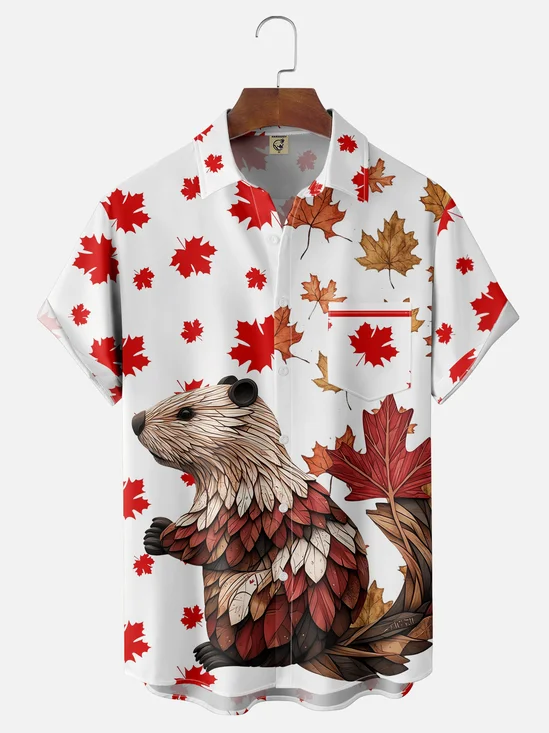 Moisture-wicking Canada Day Maple Leaf Beaver Chest Pocket Casual Shirt