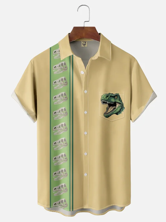 Moisture-wicking Breathable Dinosaur Chest Pocket Bowling Shirt