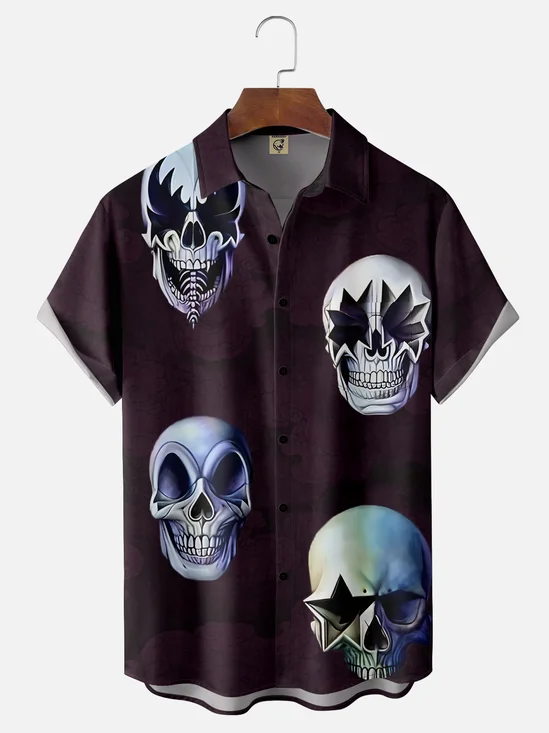 Moisture-wicking Rock Skeleton Art Band Chest Pocket Casual Shirt