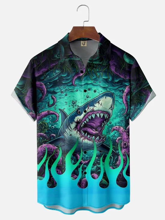 Moisture-wicking Marine Life Flame Shark Chest Pocket Hawaiian Shirt