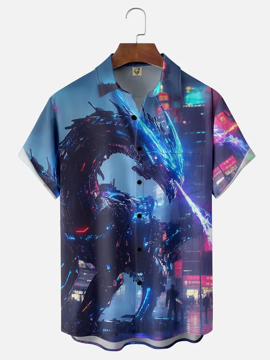 Moisture-wicking Cyberpunk Dragon Chest Pocket Casual Shirt