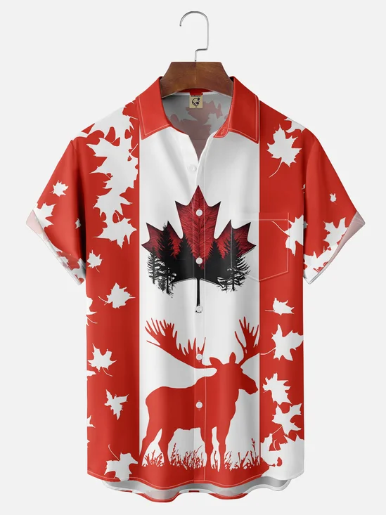 Moisture-wicking Canada Day Forest Maple Leaf Reindeer Chest Pocket Holiday Shirt