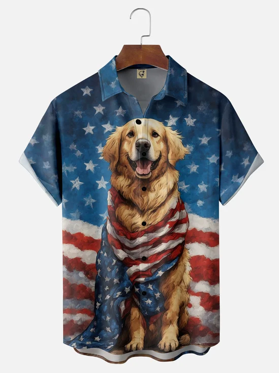 Moisture-wicking Independence Day American Flag Dog Chest Pocket Casual Shirt
