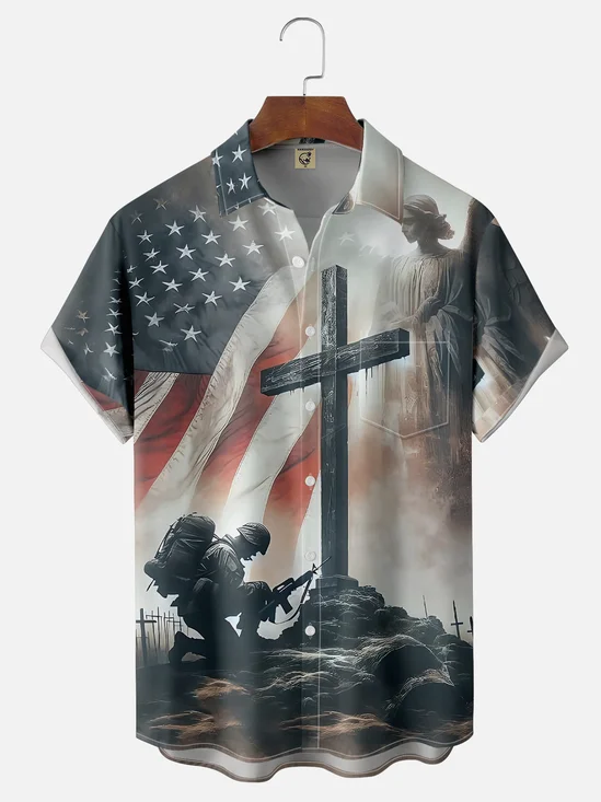 Moisture-wicking Memorial Day American Flag Chest Pocket Casual Shirt