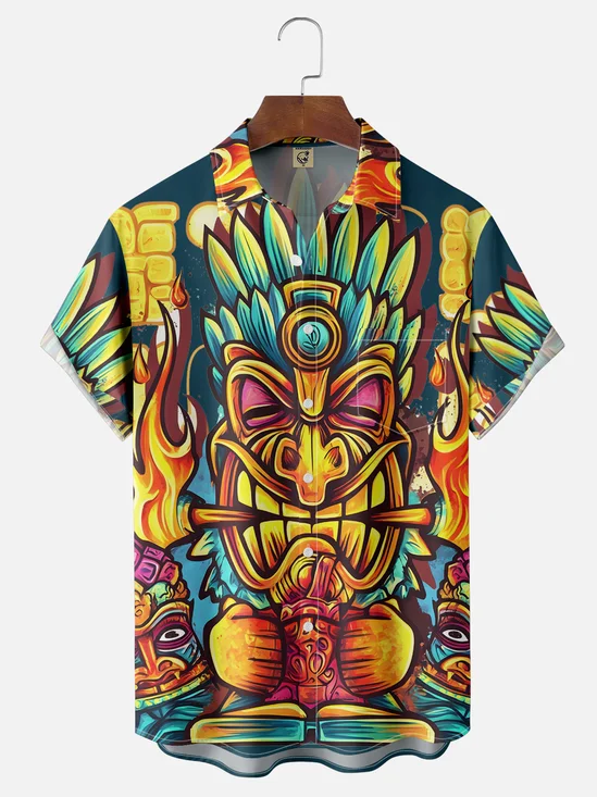 Moisture-wicking Tiki Chest Pocket Hawaiian Shirt