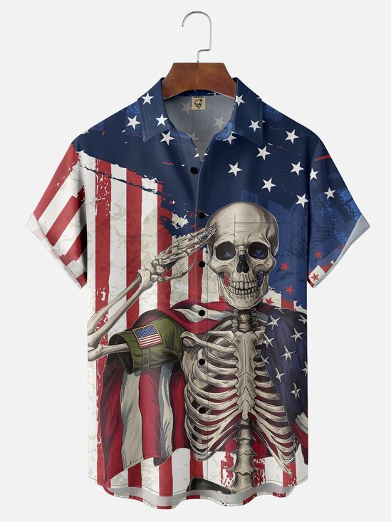 Moisture-wicking Memorial Day Skull American Flag Chest Pocket Casual Shirt