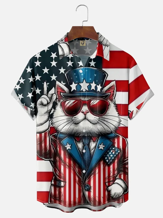 Moisture-wicking American Flag President Cat Chest Pocket Hawaiian Shirt