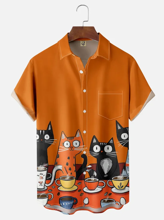 Moisture-wicking Cats Tea Party Chest Pocket Casual Shirt
