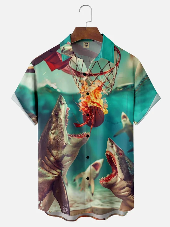Moisture-wicking Shark Shrimp Basketball Ocean Chest Pocket Casual Shirt