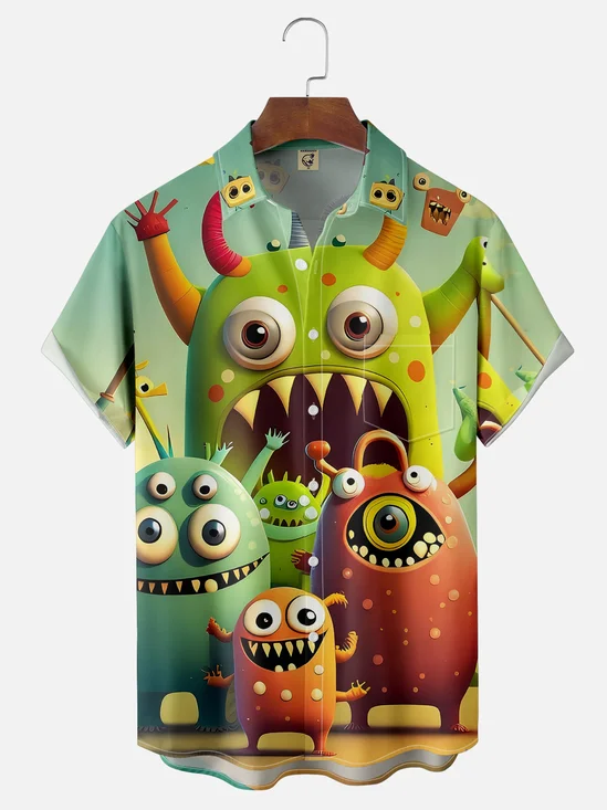 Moisture-wicking Big Eye Monster Funny Chest Pocket Hawaiian Shirt