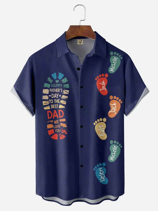 Moisture-wicking Father's Day Art Shoe Print Chest Pocket Bowling Shirt