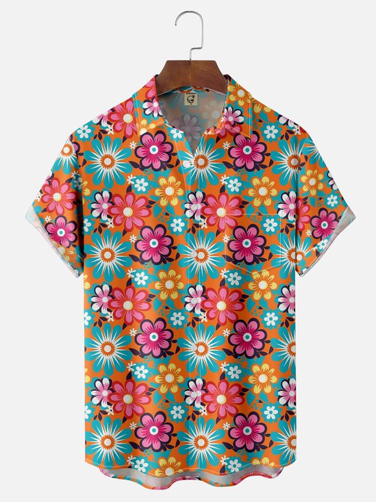 Moisture Wicking Floral Chest Pocket Hawaiian Shirt