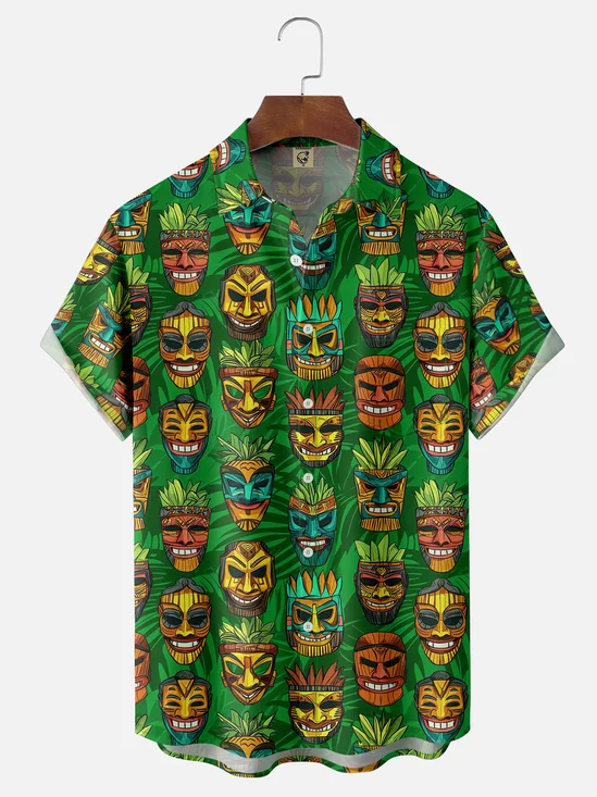 Moisture-wicking Tropical Tiki Chest Pocket Hawaiian Shirt