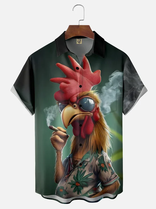 Moisture-wicking Chicken on Vacation Chest Pocket Hawaiian Shirt