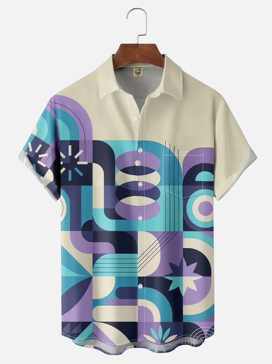 Moisture Wicking Geometric Color Block Chest Pocket Hawaiian Shirt