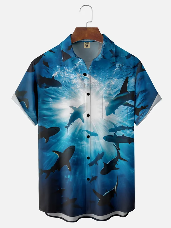 Moisture-wicking Shark Chest Pocket Hawaiian Shirt