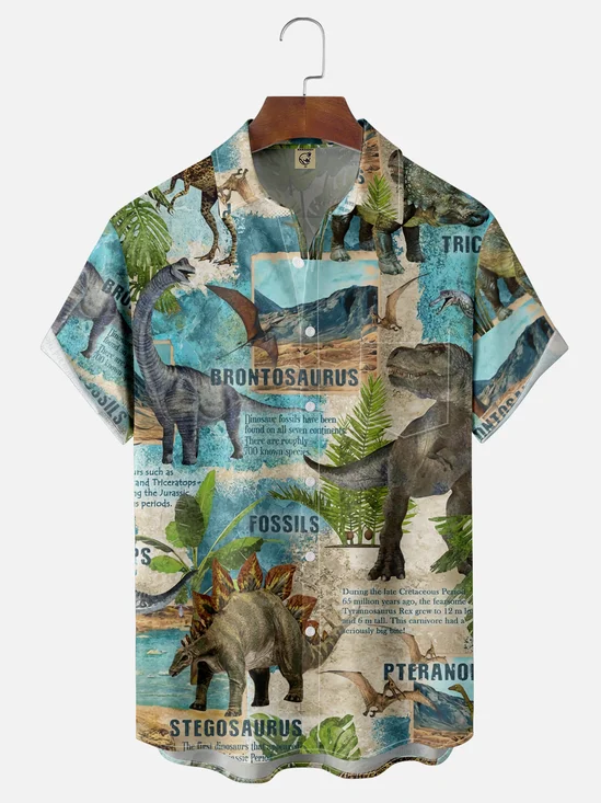 Moisture Wicking Dinosaur Chest Pocket Hawaiian Shirt