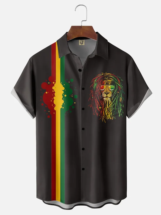 Moisture-wicking Music Festival Lion Sunglasses Stripes Chest Pocket Bowling Shirt