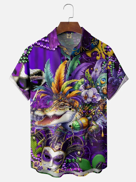 Tall Size Moisture-wicking Mardi Gras Crocodile Mask Chest Pocket Casual Shirt