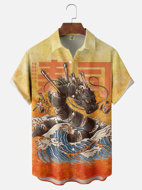 Moisture-wicking Dragon Sushi Wave Chest Pocket Casual Shirt