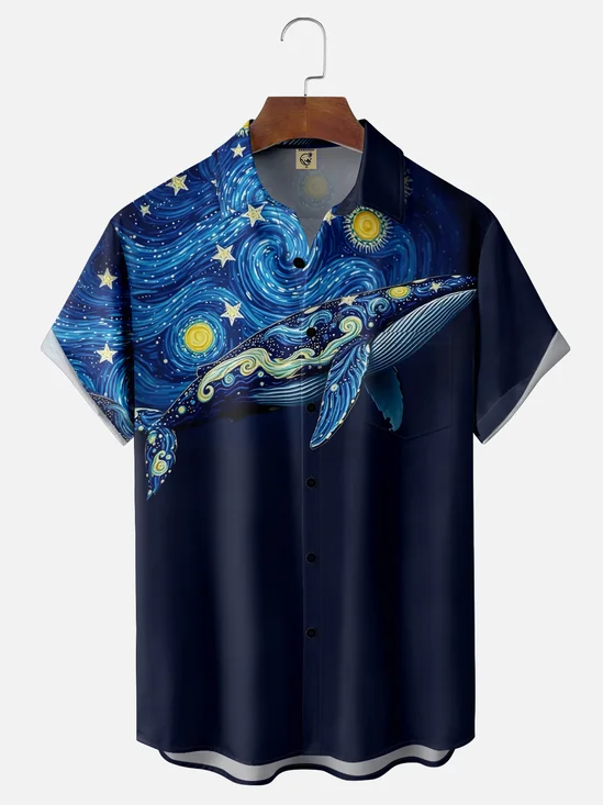 Moisture Wicking Starry Sky Whale Chest Pocket Hawaiian Shirt