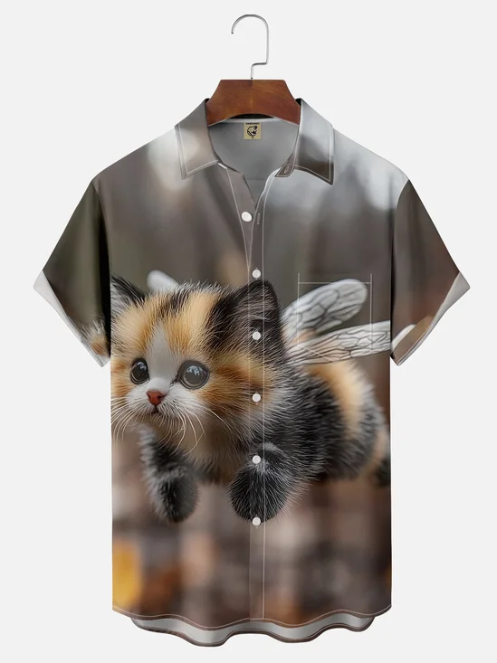 Moisture-wicking Bee Cat Fun Chest Pocket Hawaiian Shirt