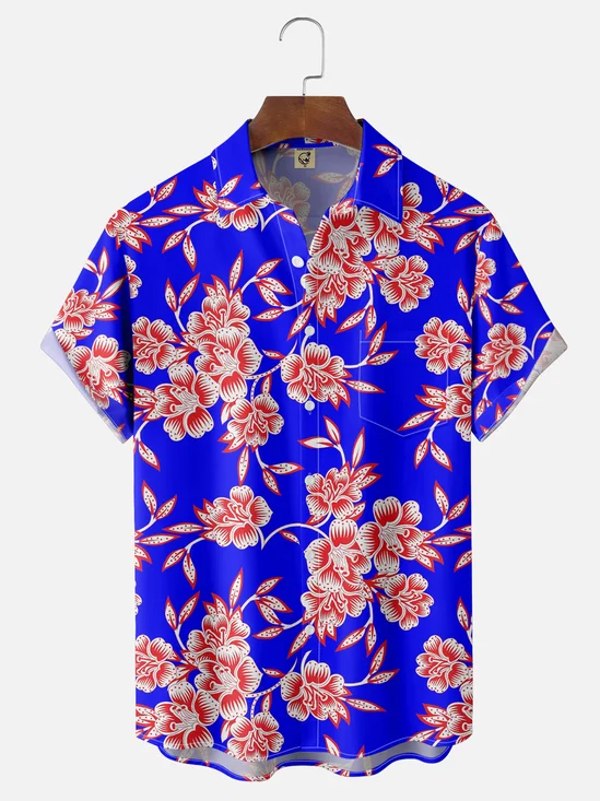 Moisture Wicking Floral Floral Chest Pocket Hawaiian Shirt