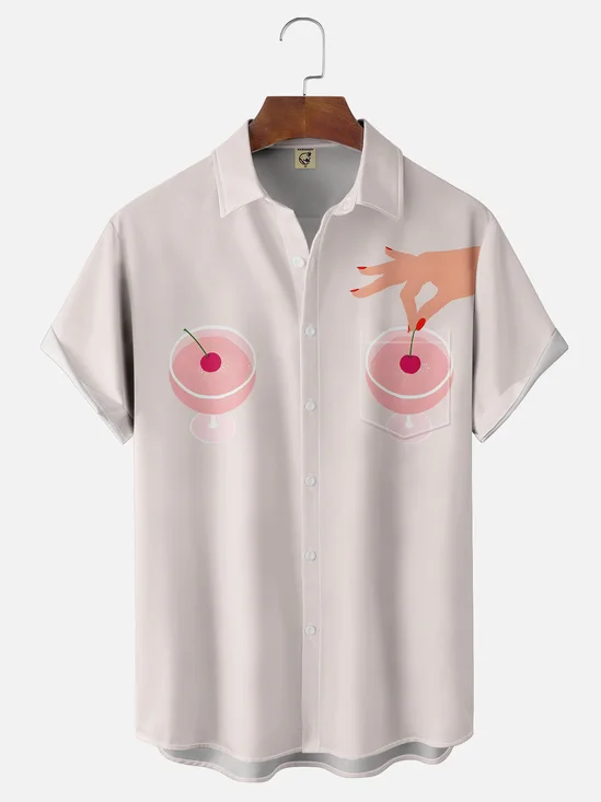 Moisture-wicking Fun Wine Glass Art Chest Pocket Hawaiian Shirt